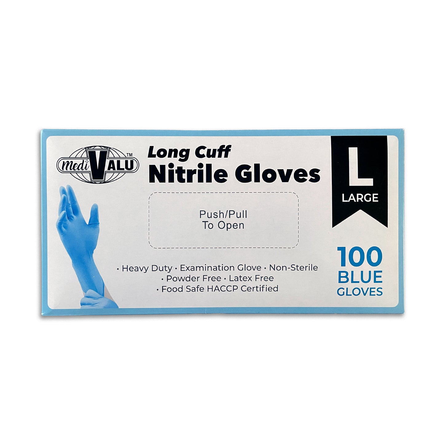 MediValu Super Strength Long Cuff Nitrile Blue Powder Free Disposable Gloves