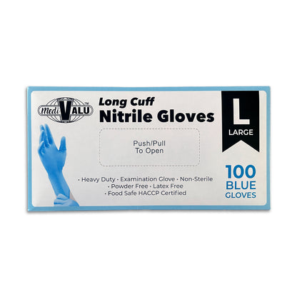 MediValu Super Strength Long Cuff Nitrile Blue Powder Free Disposable Gloves