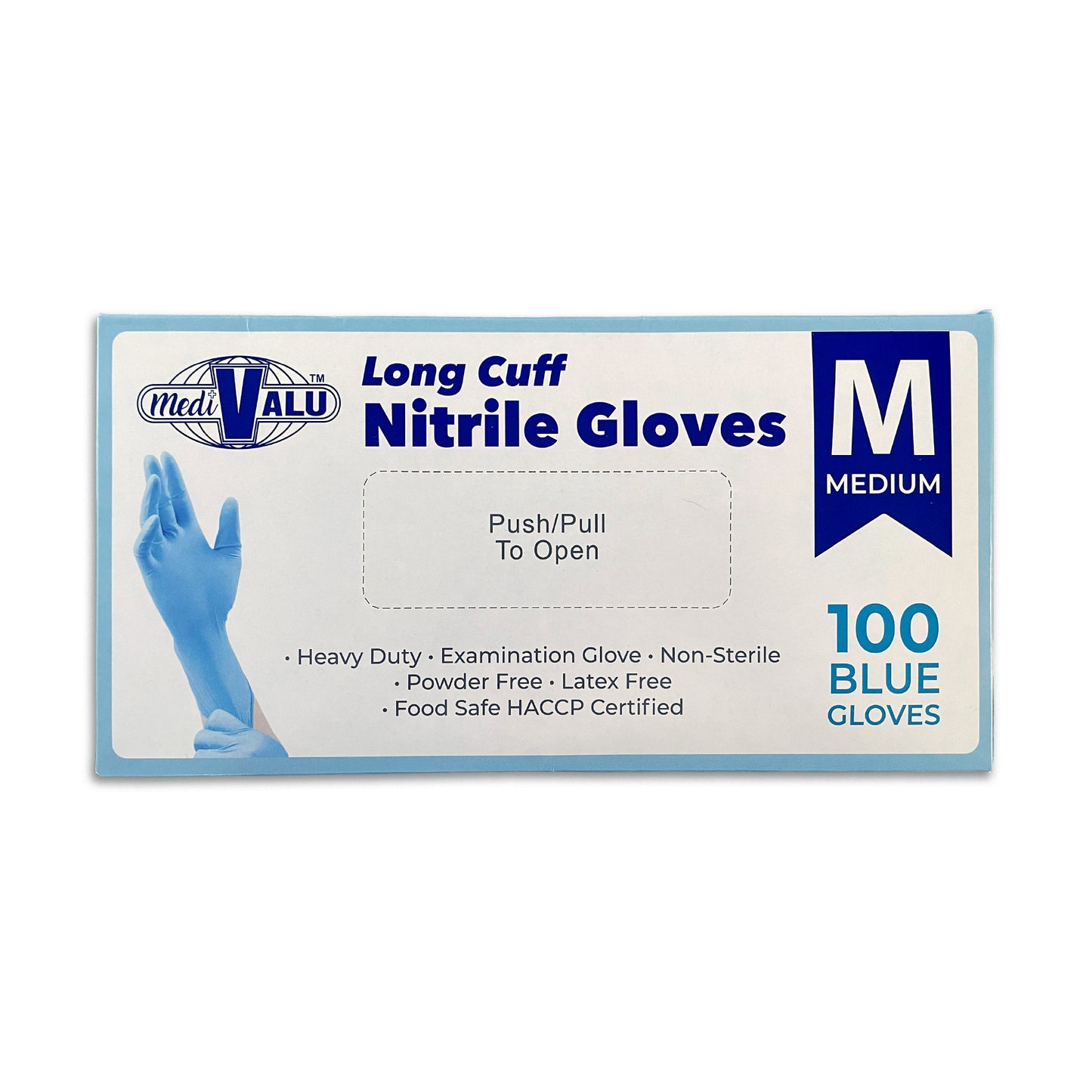 MediValu Super Strength Long Cuff Nitrile Blue Powder Free Disposable Gloves