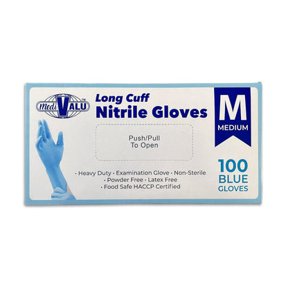 MediValu Super Strength Long Cuff Nitrile Blue Powder Free Disposable Gloves