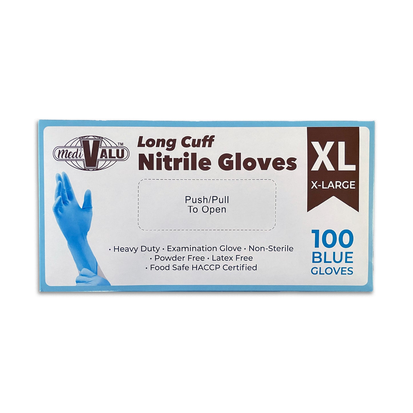 MediValu Super Strength Long Cuff Nitrile Blue Powder Free Disposable Gloves