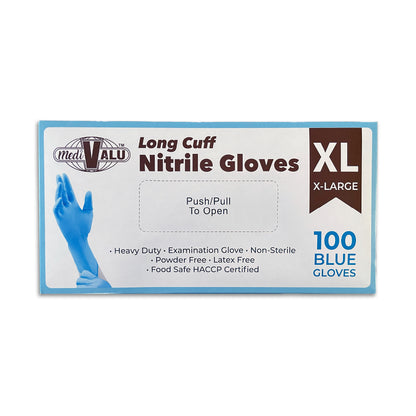 MediValu Super Strength Long Cuff Nitrile Blue Powder Free Disposable Gloves